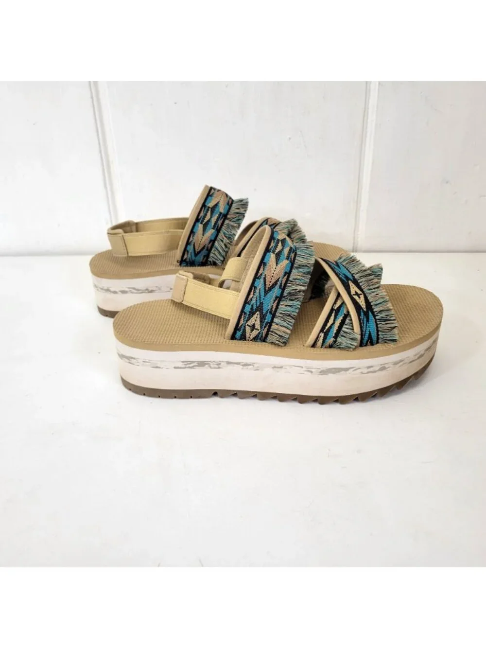 Teva Women's Fringe Platform Sandals With Aztec Print Straps & Wedge Sole Beige - Picture 2 of 9